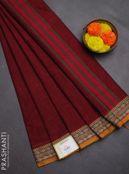 Narayanpet cotton saree maroon and mustard yellow with plain body and temple design thread woven border