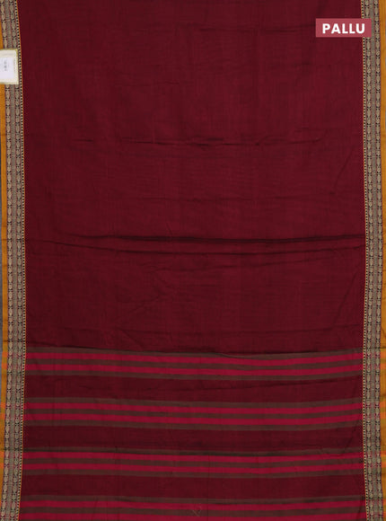 Narayanpet cotton saree maroon and mustard yellow with plain body and temple design thread woven border