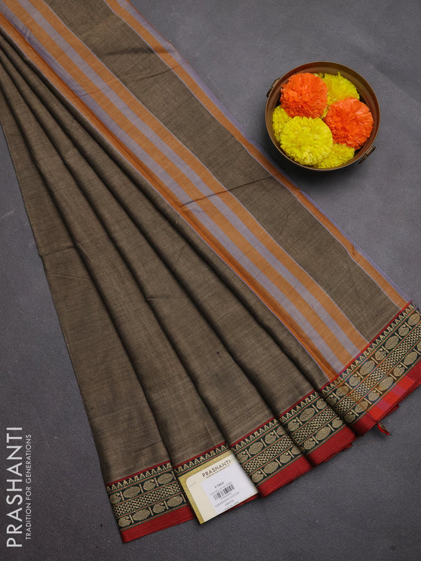 Narayanpet cotton saree chiku shade with plain body and temple design thread woven border