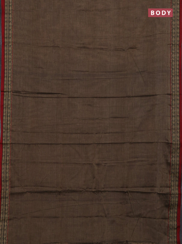 Narayanpet cotton saree chiku shade with plain body and temple design thread woven border