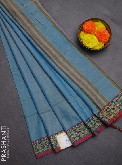 Narayanpet cotton saree light blue with plain body and temple design thread woven border