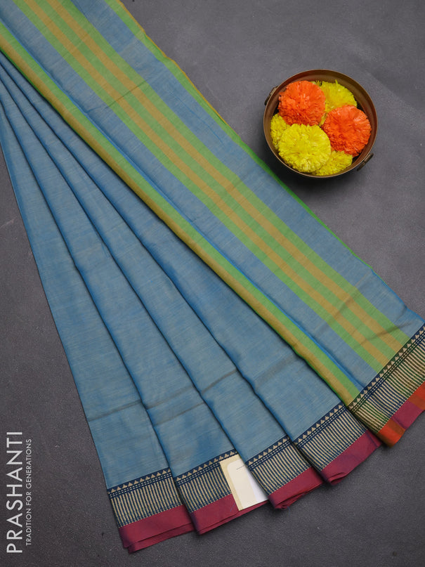 Narayanpet cotton saree light blue with plain body and temple design thread woven border