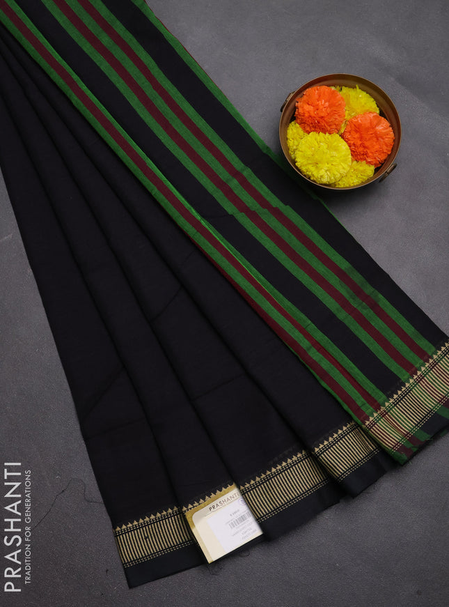Narayanpet cotton saree black with plain body and temple design thread woven border