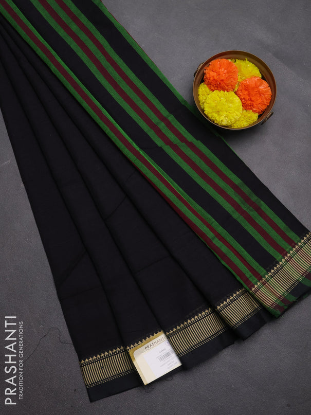 Narayanpet cotton saree black with plain body and temple design thread woven border