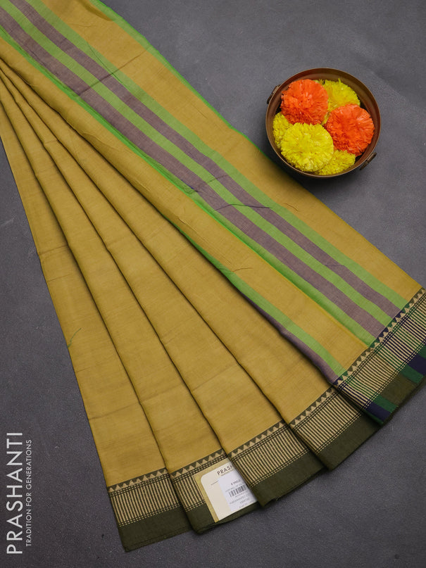 Narayanpet cotton saree mustard shade with plain body and temple design thread woven border