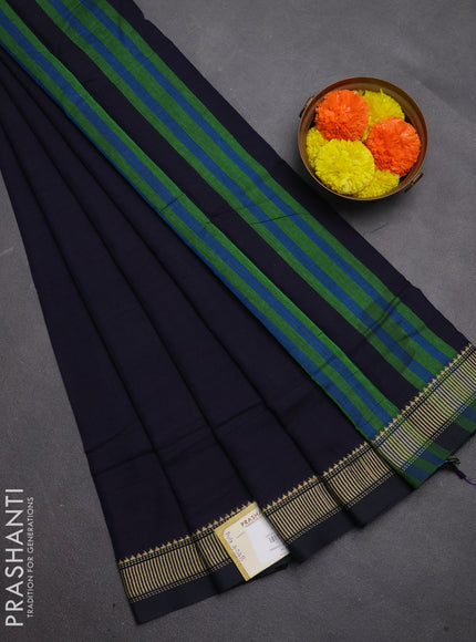 Narayanpet cotton saree navy blue with plain body and temple design thread woven border