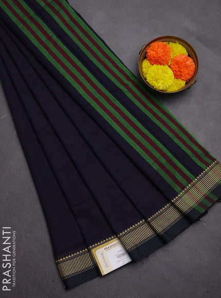 Narayanpet cotton saree navy blue with plain body and temple design thread woven border