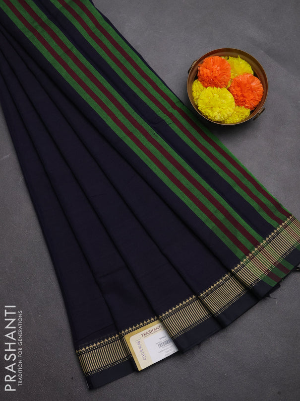 Narayanpet cotton saree navy blue with plain body and temple design thread woven border