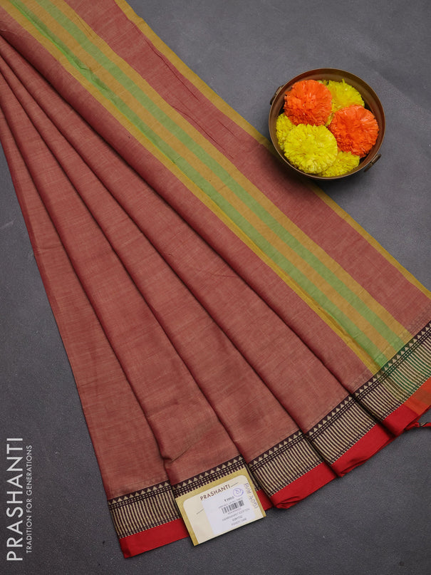 Narayanpet cotton saree red shade with plain body and temple design thread woven border