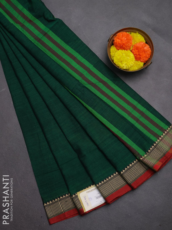 Narayanpet cotton saree green and maroon with plain body and temple design thread woven border
