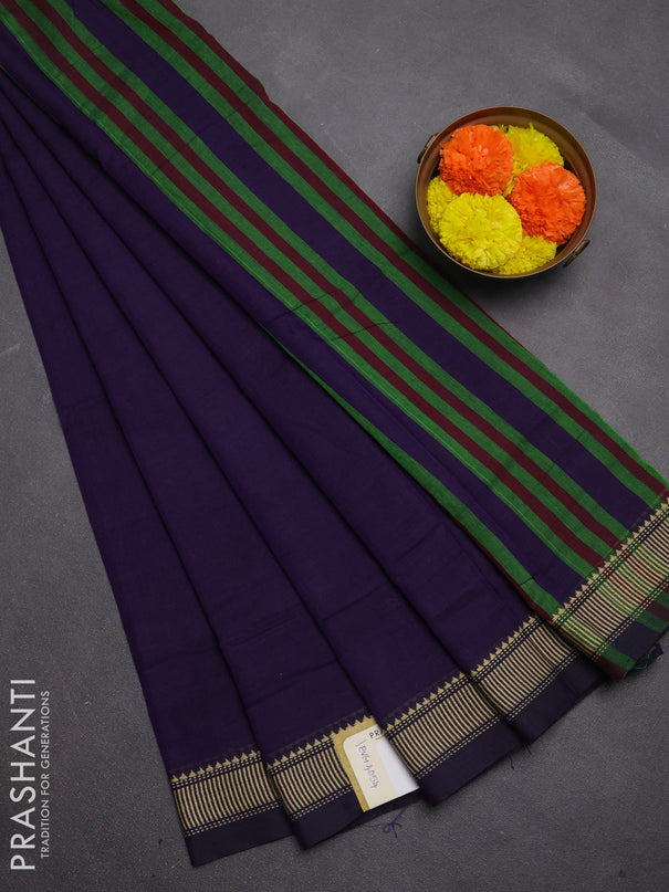 Narayanpet cotton saree violet with plain body and temple design thread woven border
