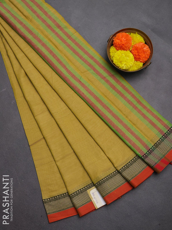 Narayanpet cotton saree mustard shade and orange with plain body and temple design thread woven border