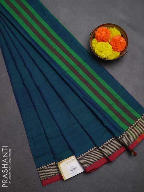 Narayanpet cotton saree dual shade of bluish green and maroon with plain body and temple design thread woven border