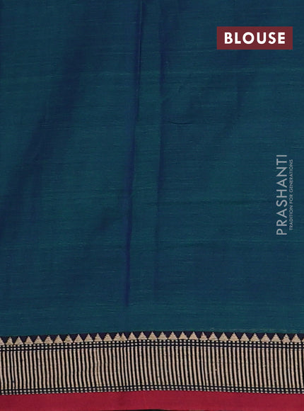 Narayanpet cotton saree dual shade of bluish green and maroon with plain body and temple design thread woven border
