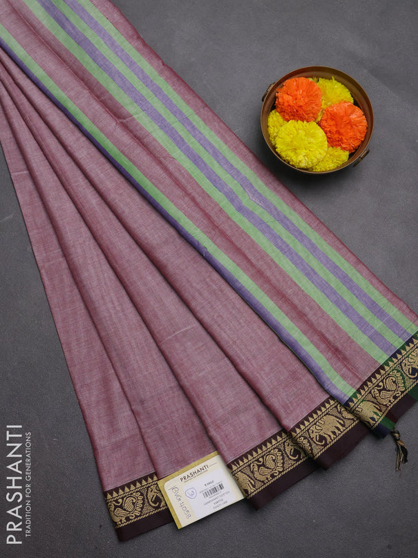 Narayanpet cotton saree wine shade with plain body and temple design thread woven border