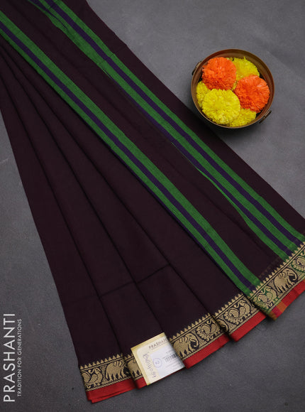 Narayanpet cotton saree deep wine and maroon with plain body and temple design thread woven border