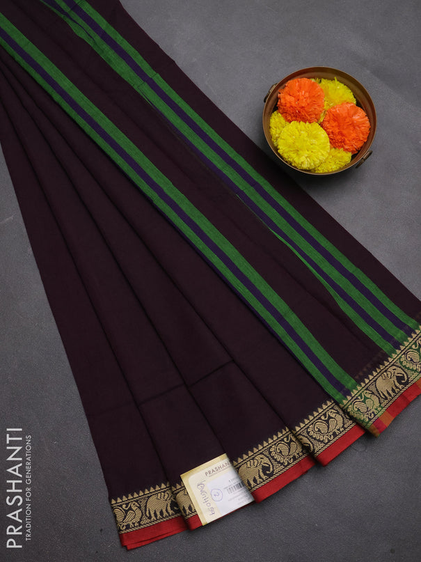 Narayanpet cotton saree deep wine and maroon with plain body and temple design thread woven border