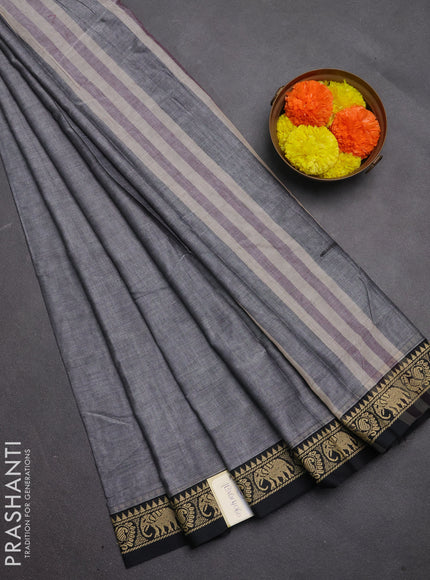 Narayanpet cotton saree grey and black with plain body and temple design thread woven border