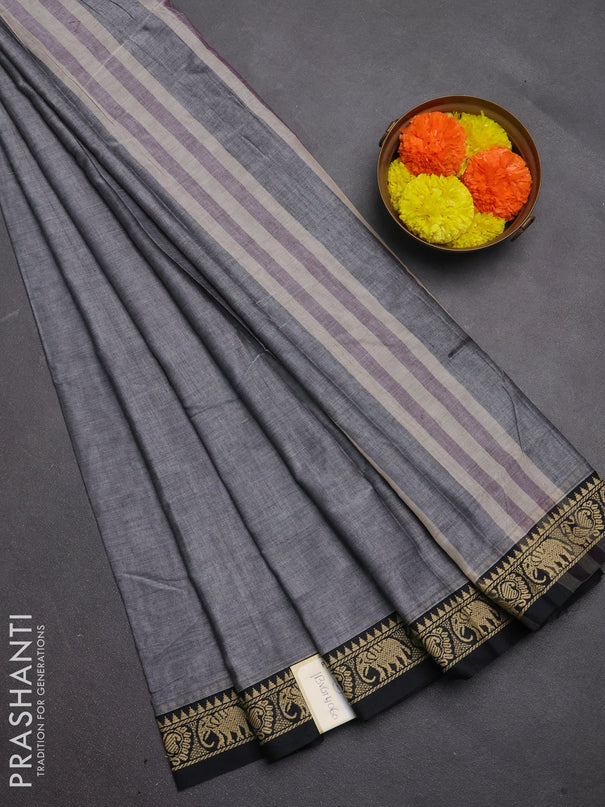 Narayanpet cotton saree grey and black with plain body and temple design thread woven border