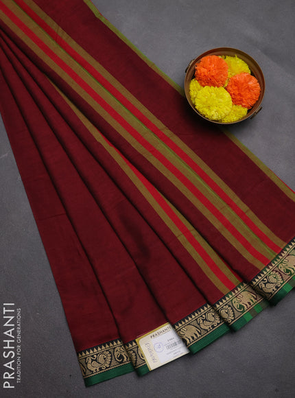 Narayanpet cotton saree maroon and green with plain body and temple design thread woven border