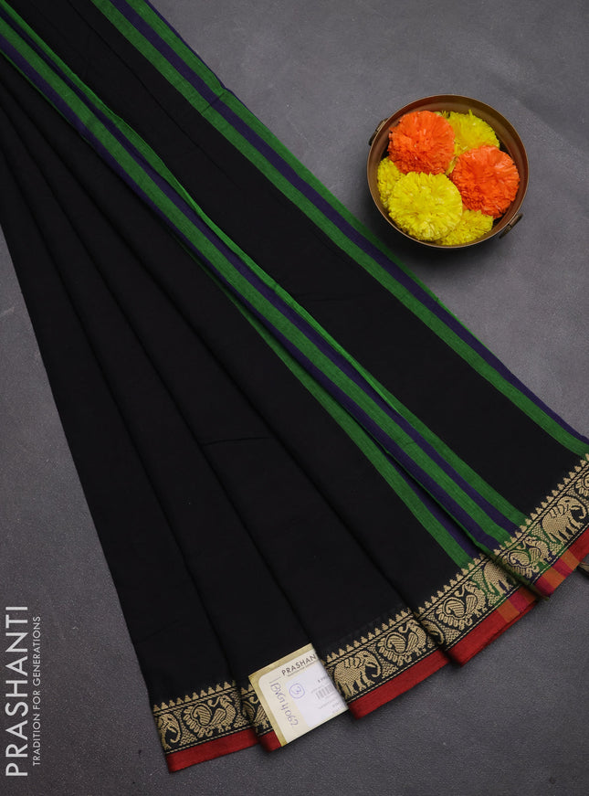 Narayanpet cotton saree black and maroon with plain body and temple design thread woven border