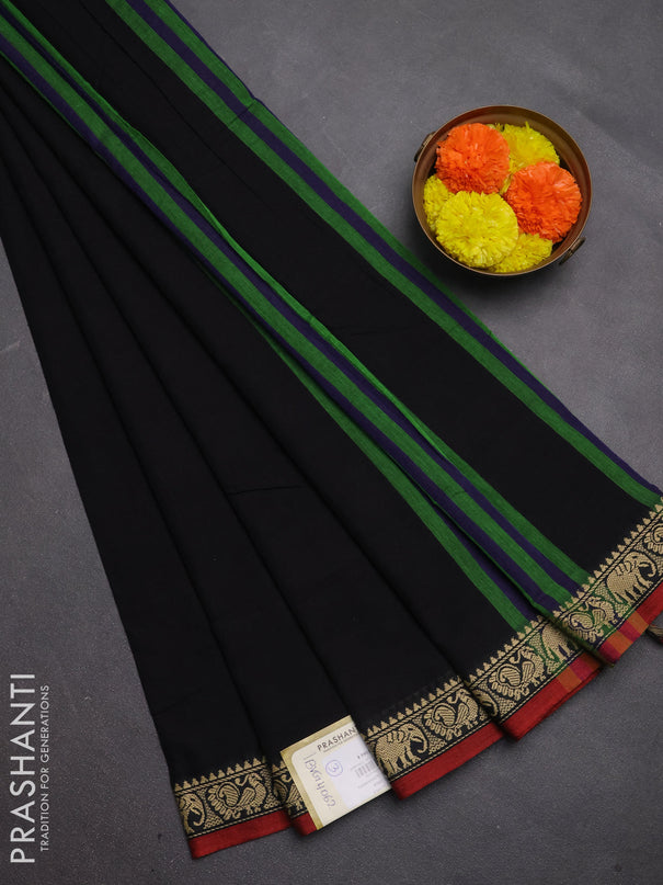 Narayanpet cotton saree black and maroon with plain body and temple design thread woven border