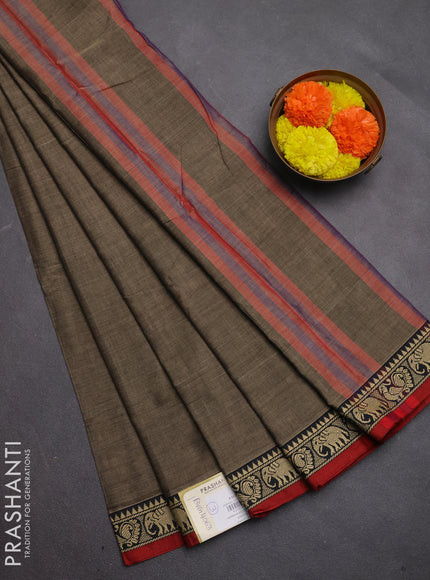 Narayanpet cotton saree chiku and maroon with plain body and temple design thread woven border