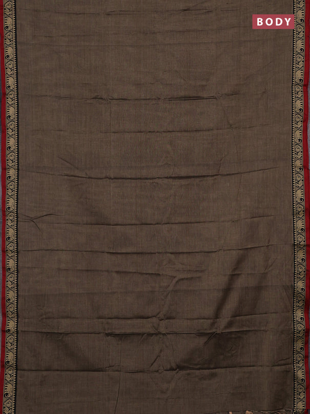 Narayanpet cotton saree chiku and maroon with plain body and temple design thread woven border