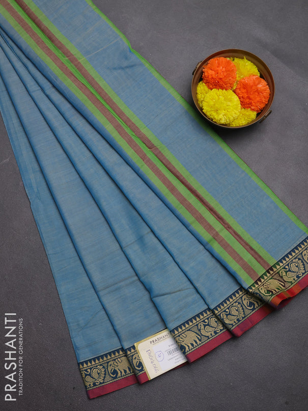 Narayanpet cotton saree light blue and peacock blue with plain body and temple design thread woven border