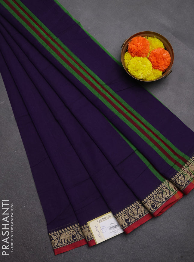 Narayanpet cotton saree violet and maroon with plain body and temple design thread woven border