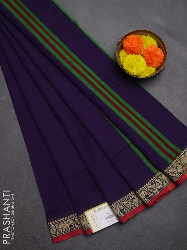 Narayanpet cotton saree violet and maroon with plain body and temple design thread woven border