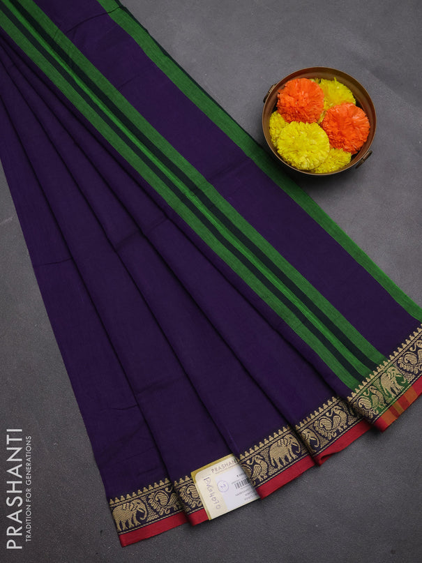 Narayanpet cotton saree violet and maroon with plain body and temple design thread woven border