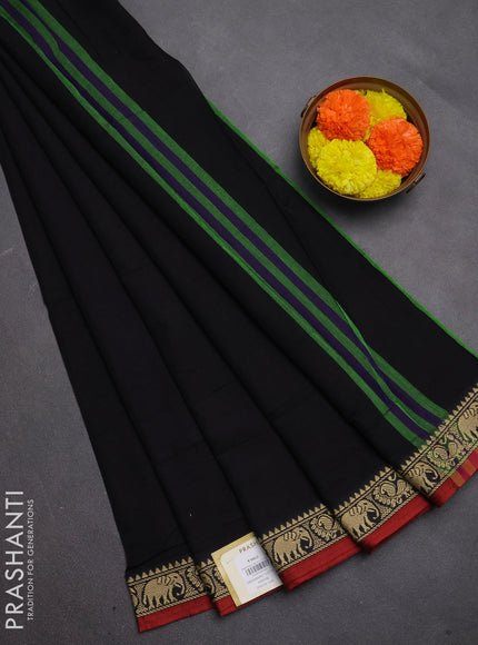 Narayanpet cotton saree black and maroon with plain body and temple design thread woven border