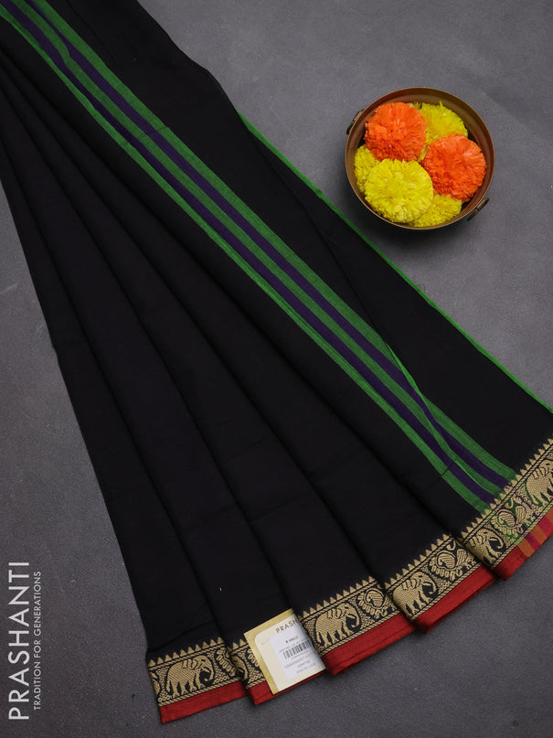 Narayanpet cotton saree black and maroon with plain body and temple design thread woven border