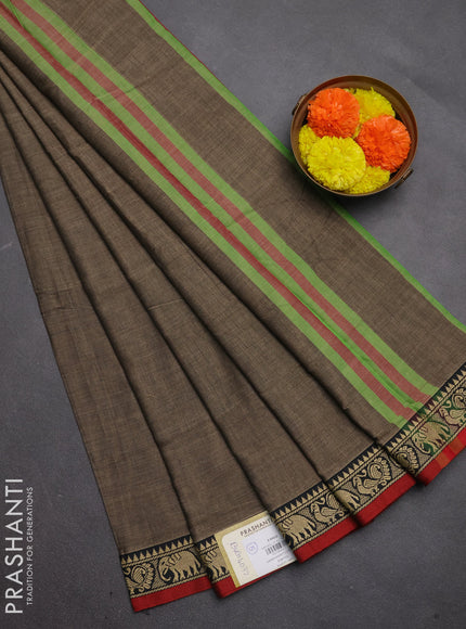 Narayanpet cotton saree chiku and maroon with plain body and temple design thread woven border