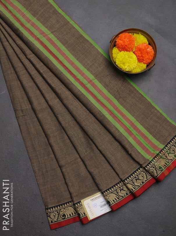 Narayanpet cotton saree chiku and maroon with plain body and temple design thread woven border