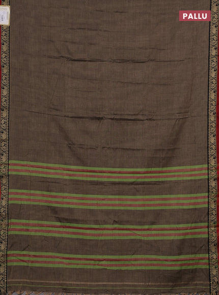 Narayanpet cotton saree chiku and maroon with plain body and temple design thread woven border
