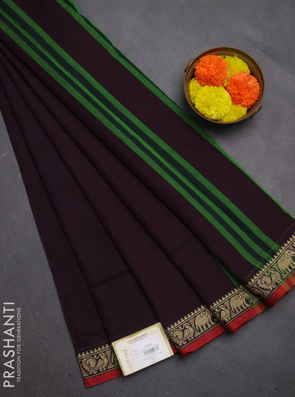 Narayanpet cotton saree wine shade and maroon with plain body and temple design thread woven border