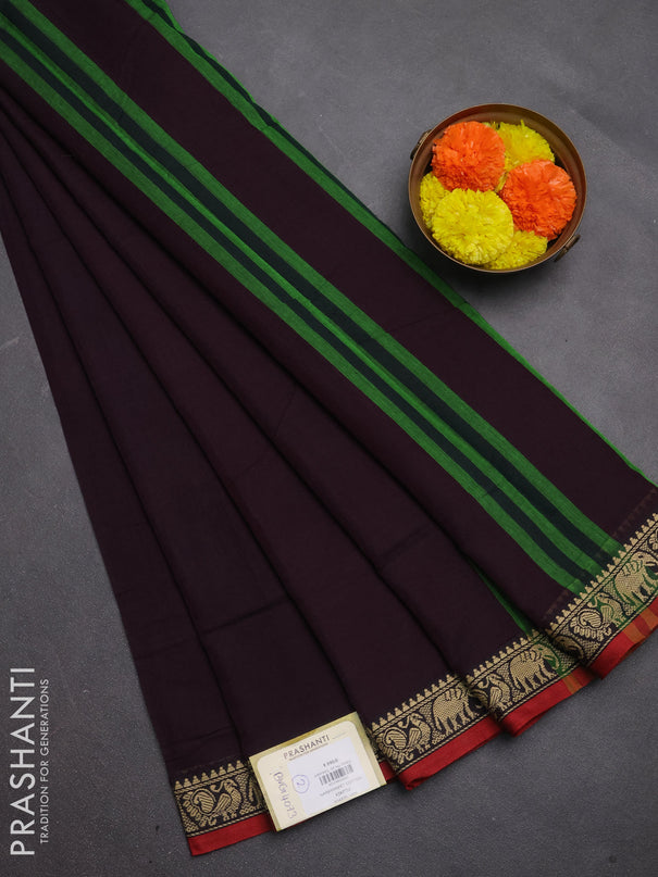 Narayanpet cotton saree wine shade and maroon with plain body and temple design thread woven border