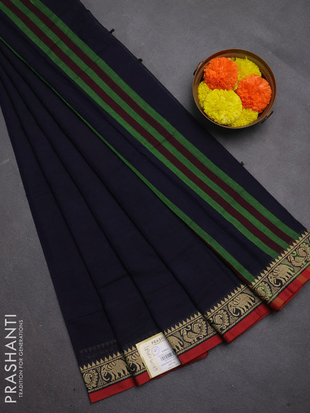 Narayanpet cotton saree navy blue and maroon with plain body and temple design thread woven border