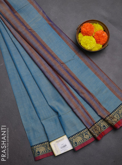 Narayanpet cotton saree light blue and maroon with plain body and temple design thread woven border