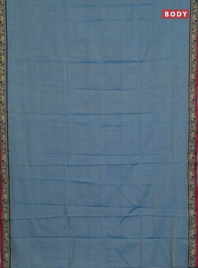 Narayanpet cotton saree light blue and maroon with plain body and temple design thread woven border