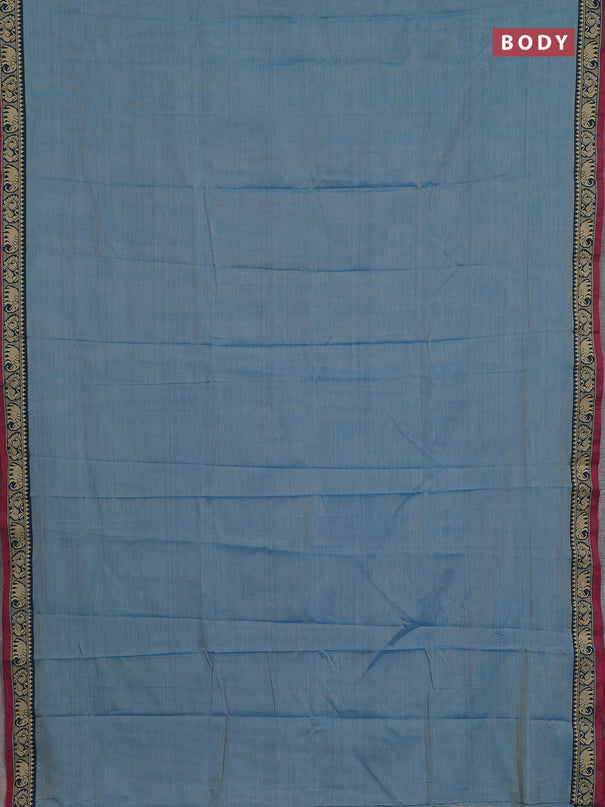 Narayanpet cotton saree light blue and maroon with plain body and temple design thread woven border