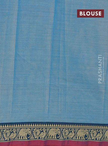 Narayanpet cotton saree light blue and maroon with plain body and temple design thread woven border