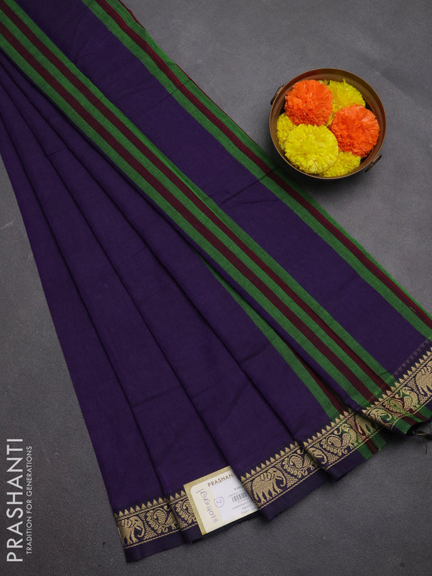 Narayanpet cotton saree violet with plain body and temple design thread woven border
