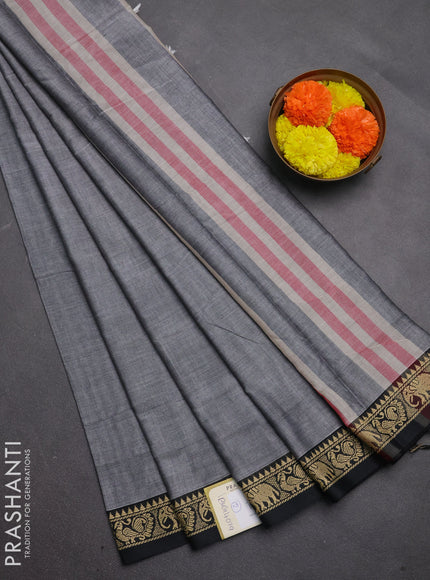 Narayanpet cotton saree grey and black with plain body and temple design thread woven border