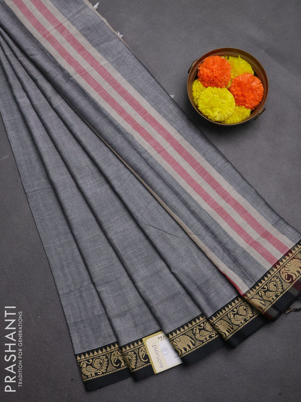 Narayanpet cotton saree grey and black with plain body and temple design thread woven border