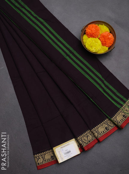 Narayanpet cotton saree wine shade and maroon with plain body and temple design thread woven border