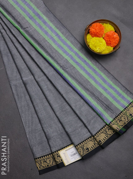 Narayanpet cotton saree grey and black with plain body and temple design thread woven border