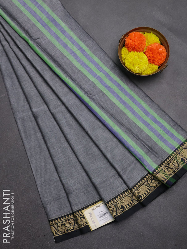 Narayanpet cotton saree grey and black with plain body and temple design thread woven border